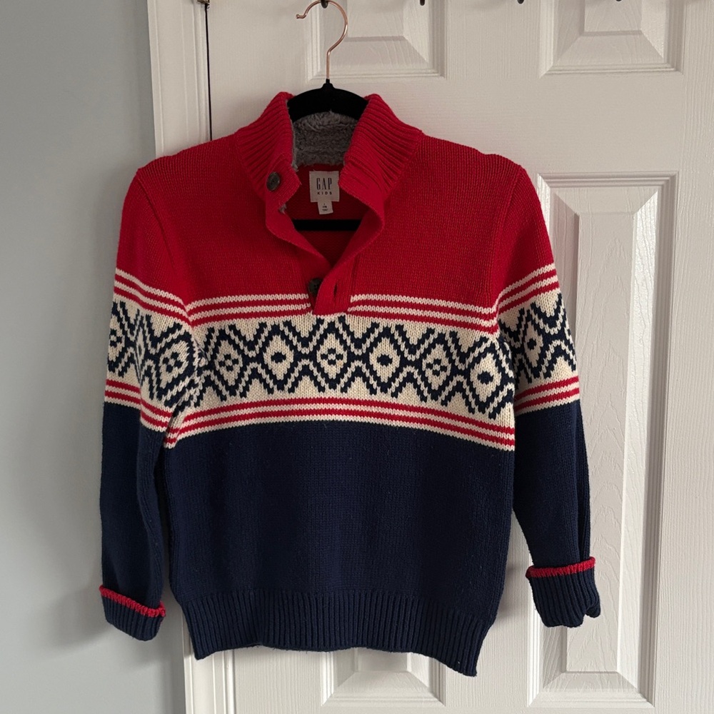 GAP Kids Red & Navy Patterned Long Sleeve Sweater Fleece Lined Collar Size L/10